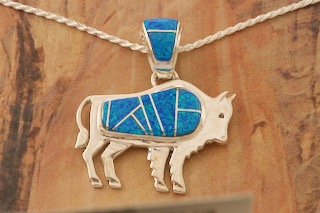 Calvin Begay Blue Opal Sterling Silver Buffalo Pendant